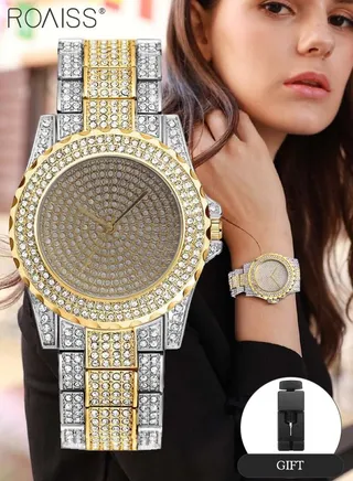 Women's Metal Strap Quartz Watch Analog Display Round Dial with Shiny Rhinestones Decoration Luxurious Wristwatch as Gift for Ladies, Silver Gold 
