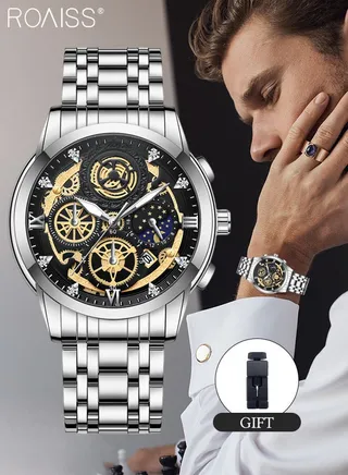 Men's Stainless Steel Strap Quartz Watch, Analog Display Round Black Hollow Dial Watch with Calendar Display, Waterproof Luminous Casual Watch as Gift for Men, Silver 