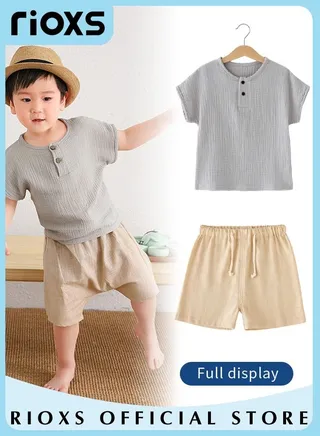 Toddlers Boys 2pcs T-Shirt and Pants Sets Cotton Linen Summer Short Sleeve Harem Pant Children Comfortable Clothing Pants Sets 