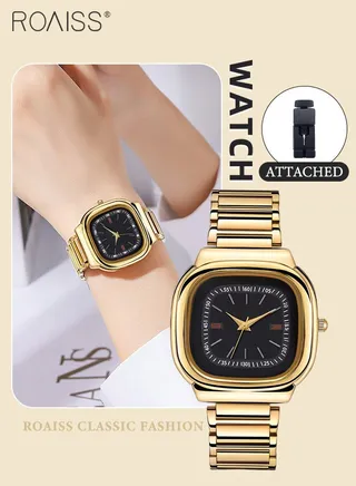 Women's Steel Strap Quartz Watch, Analog Display Square Black Dial, Waterproof Luxurious Retro Wristwatch as Gift for Ladies 