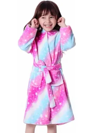 Baby Girls Unicorn Design Bathrobes Hooded Nightgown Soft Fluffy Bathrobes Sleepwear For Baby Girls(6Y-7Y) 