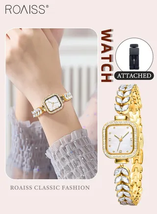 Women's Mermaid Strap Quartz Watch Analog Display Square Fritillaria Dial and Zirconia Diamonds Decoration Waterproof Luxurious Wristwatch as Gift for Ladies 