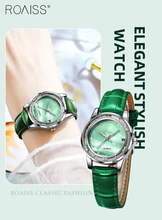 Women's Leather Strap Quartz Watch, Analog Display Round Dial with zirconium Diamonds Scales, Luminous Waterproof Simple Wristwatch as Gift for Ladies 