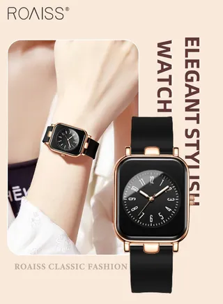 Women's Silicone Strap Quartz Watch, Analog Display Rectangle Dial, Waterproof Luminous Fashionable Simple Wristwatch as Gift for Ladies 