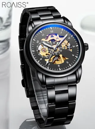 Men's Stainless Steel Strap Mechanical Watch Analog Display Round Black Dial with Hollow Pattern Decoration Waterproof Luminous Business Wristwatch as Gift for Men 