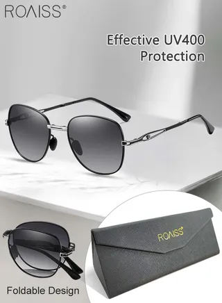 Women's Polarized Square Sunglasses, UV400 Protection Sun Glasses with Foldable Design, Fashion Anti-glare Sun Shades for Women with Glasses Case, 57mm, Black Silver 