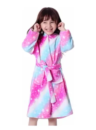 Baby Girls Unicorn Design Bathrobes Hooded Nightgown Soft Fluffy Bathrobes Sleepwear For Baby Girls (6Y-7Y) 