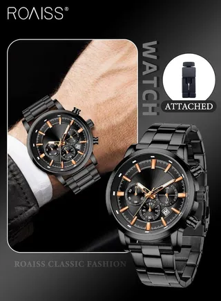 Men's Stainless Steel Strap Chronograph Quartz Watch Round Dial Casual Sport Design 30M Waterproof Luminous Wristwatch as Gift for Men 