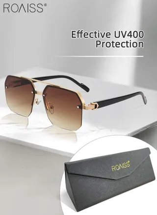 Square Semi-Rimless Sunglasses for Men Women, UV400 Protection Trendy Anti-Glare Classic Sun Shades with Glasses Case for Shopping Party Travel 60mm, with Gradient Brown Lens 