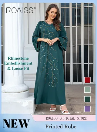 V Neck Abaya Muslim Dress Arabic Robe for Women with Rhinestones Decor Elegent Ladiesflare Sleeve Long Skirt Ideal for Party Wedding and Formal Occasion 