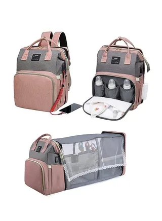 Diaper Bag Backpack，7 in 1 Travel Diaper Bag, Mommy Bag With USB Charging Port (Pink-Grey) 