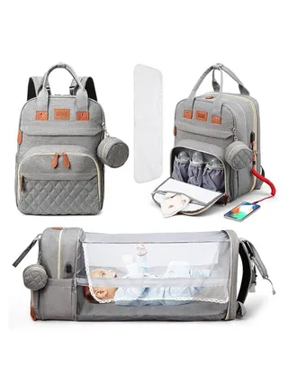 Diaper Bag Backpack with Changing Station, Baby for Boy Girl Multifunctional Large with Bassinet Stroller Straps - Grey 