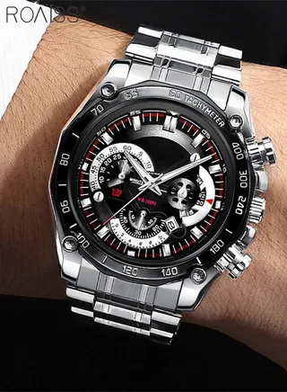 Men's Stainless Steel Strap Quartz Watch Analog Display Round Black Dial with Decorative Small Dials Waterproof Luminous Wristwatch as Gift for Men 