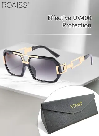 Square Sunglasses for Men Women, UV400 Protection Trendy Oversize Anti-Glare Sun Shades with Glasses Case for Shopping Party Travel 70mm, Black Gold 