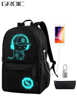 Luminous Hiking Cycling Waterproof Backpack for Boys Girls 15.6'' Laptop Bag with USB Charging Port Anti-theft Lock Pencil Case Black 