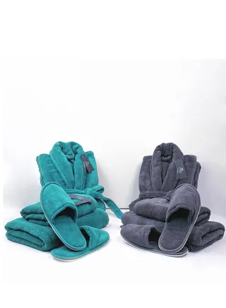 Couple Bathroom Set (2 Bathrobes with Slippers and 2 Towel Sets) 