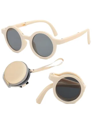 Foldable Sunglasses With Bag For Kids, Round Folding Easy Carry Foldable Shades UV400 Protection Lens, Sun Protection Sunglasses Suitable for Summer Outdoor Beach Travel Camping - Beige 