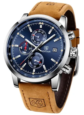 Mens Watches Chronograph Analog Quartz Watch Stainless Steel Watch for Men Stylish Business Sports Waterproof Wristwatch Brown Leather Strap 