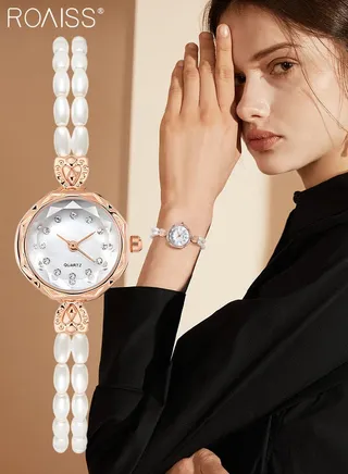 Women's Long Pearl Strap Quartz Watch Analog Display Round Dial with Rhinestones Decoration Waterproof Bracelet Wristwatch as Gift for Women 