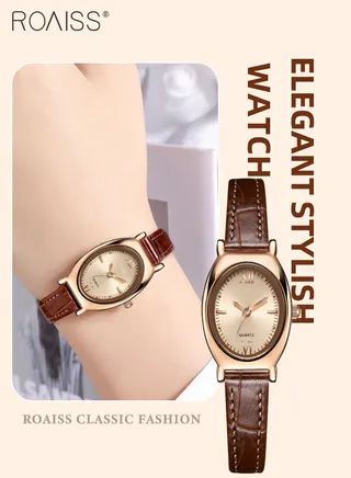 Women's Leather Strap Quartz Watch, Analog Display Oval Sunray Texture Dial, Stylish Retro Waterproof Wristwatch as Gift for Ladies 