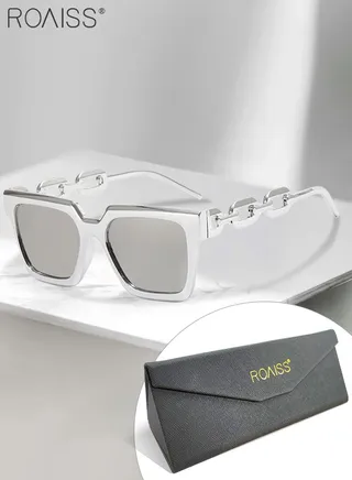 Women's Square Sunglasses, UV400 Protection Sun Glasses with Stylish Gold Chain Temples, Fashion Anti-glare Sun Shades for Women with Glasses Case, 54mm, Silver 