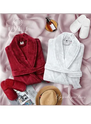 Couple Set Red & White (2 Velour Bathrobe, 2 Velour Slippers) 