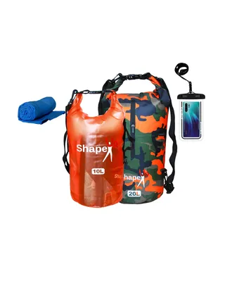 Waterproof Marine Dry Bag Backpack PVC 500 Tarpaulin 20L With Pocket and 10L Shoulder Strap Roll Top Floating Dry Sack Boating Swimming with Towel and Phone Case Transparent Orange + Khaki Orange, 