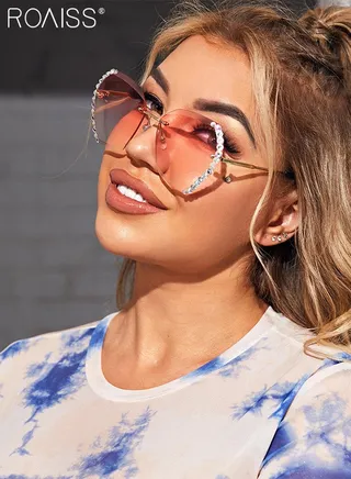 Women's Butterfly Rimless Sunglasses, UV400 Protection Sun Glasses with Rhinestones Decoration, Oversize Fashion Anti-glare Sun Shades for Women with Glasses Case, 60mm, Pink 