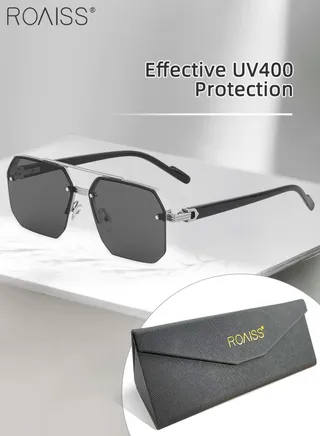 Square Semi-Rimless Sunglasses for Men Women, UV400 Protection Trendy Anti-Glare Classic Sun Shades with Glasses Case for Shopping Party Travel 60mm, with Grey Lens 