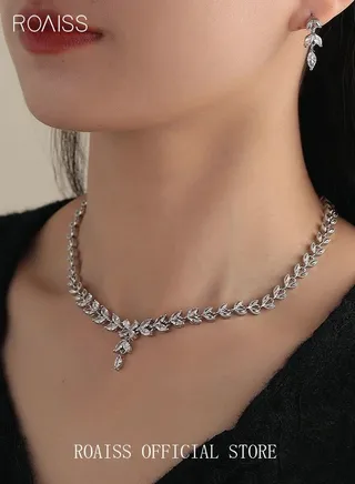 3Pcs Rhinestone Jewelry Set Stylish Elegant Leaf Necklace Zircon Earrings Chic Dress Accessory Festival Gift for Women Ladies Mother Wife Wedding Party Silver 