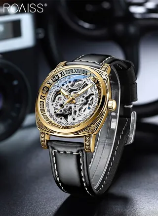Men's Leather Strap Mechanical Watch Analog Display Round Dial with Carved Pattern Decoration Waterproof Luminous Wristwatch as Gift for Men 