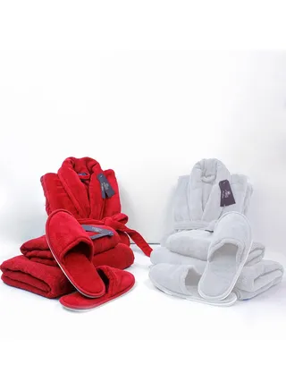 Couple Bathroom Set (2 Bathrobes with Slippers and 2 Towel Sets) 