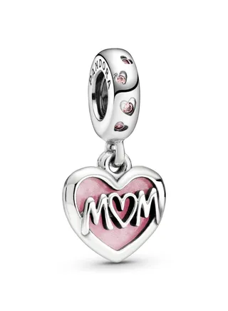 PANDORA Jewelry Mom Script Heart Pendant in Sterling Silver with Pink Enamel and Cubic Zirconia 