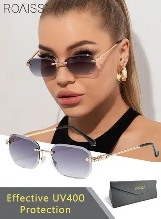 Women's Rectangular Rimless Sunglasses, UV400 Protection Sun Glasses with Metal Frame and Gradient Grey Lens, Fashion Anti-glare Sun Shades for Women with Glasses Case, 56mm 