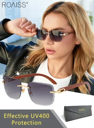 Women's Rectangular Rimless Sunglasses, UV400 Protection Sun Glasses with Wooden Texture Temples, Fashion Anti-glare Sun Shades for Women with Glasses Case, 57mm 
