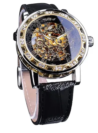 Automatic Mechanical Watches for Men, Retro Manual Mechanical Skeleton Watch with Diamond and Carving Flower Craft, Luxury Skeleton Wrist Watch Mechanical Classic Roman Number, Cutout Rhinestones 