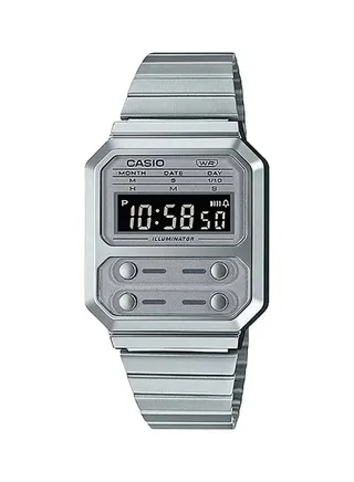 Octagon Shape Digital Stainless Steel Wrist Watch A100WE-7BDF - 32mm - Silver 