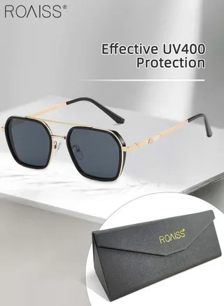 Men's Square Polarized Sunglasses, UV400 Protection Sun Glasses with Metal Frame, Fashion Anti-Glare Sun Shades for Men Driving, Fishing, Traveling, Black Gold, 56mm 