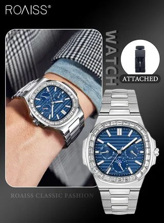 Men's Stainless Steel Strap Quartz Watch Analog Display Square Blue Dial with Diamond-Set Bezel Waterproof Luminous Nautilus Wristwatch as Gift for Men 
