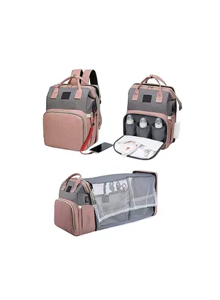COOLBABY Diaper Bag Backpack 7 in 1 Travel Diaper Bag Mommy Bag With USB Charging Port (Pink-Grey)-Modern style 