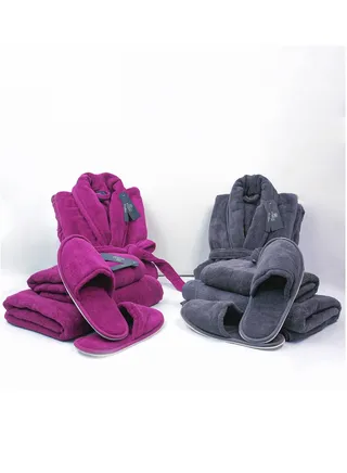 Couple Bathroom Set (2 Bathrobes with Slippers and 2 Towel Sets) 