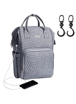 Diaper Backpack And USB Charging Port With Stroller Hooks - Grey 