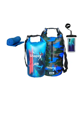 Waterproof Marine Dry Bag Backpack PVC 500 Tarpaulin 20L with pocket and 10L Shoulder Strap Roll Top Floating Dry Sack Boating Swimming with Towel and Phone Case Khaki Blue + Transparent Blue, 