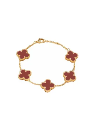 Women's 18k Gold White Petal Bracelet, Van Cleef Collection, Four Leaf Clover, Red 