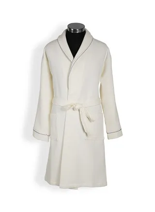 Waffle Trimmed Robe, Off-White & Silver 