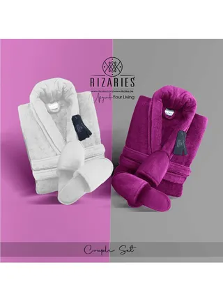 Couple Set Purple & White (2 Velour Bathrobe, 2 Velour Slippers) 