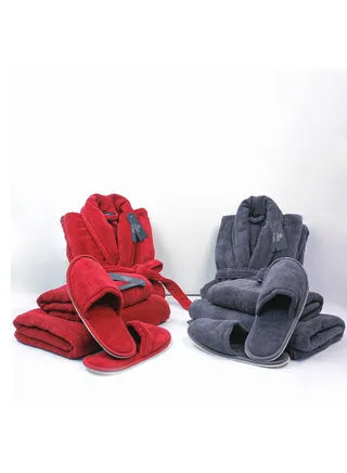 Couple Bathroom Set (2 Bathrobes with Slippers and 2 Towel Sets) 
