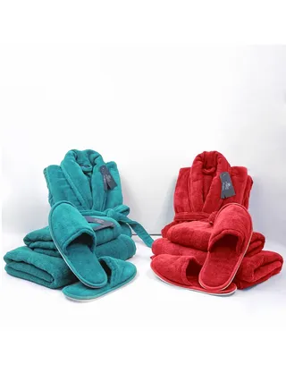 Couple Bathroom Set (2 Bathrobes with Slippers and 2 Towel Sets) 