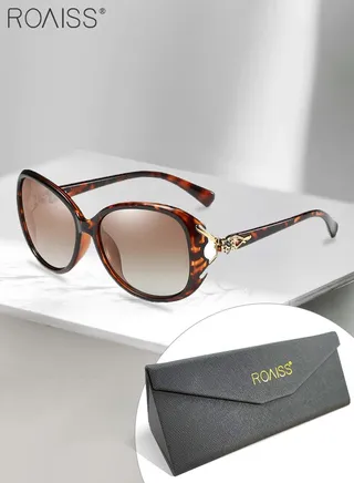 Women's Polarized Oval Sunglasses, UV400 Protection Sun Glasses with Tortoiseshell Frame Decorated with Fox Pattern, Fashion Anti-glare Sun Shades for Women with Glasses Case, 58mm 