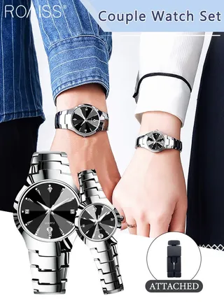 Stainless Steel Strap Couple Quartz Watch Set, Analog Display Round Dial with Rhinestones Decoration, Luxurious Luminous Waterproof Calendar Watch Gift for Men Women 
